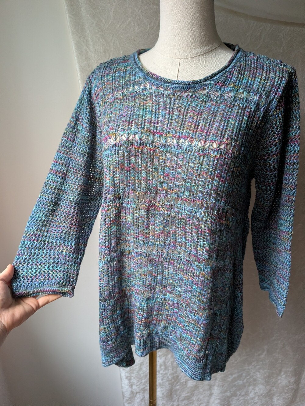 Faded Glory Crocket Blue Rainbow Cover Up Shawl Cardigan Sweater 3/4 Sleeve